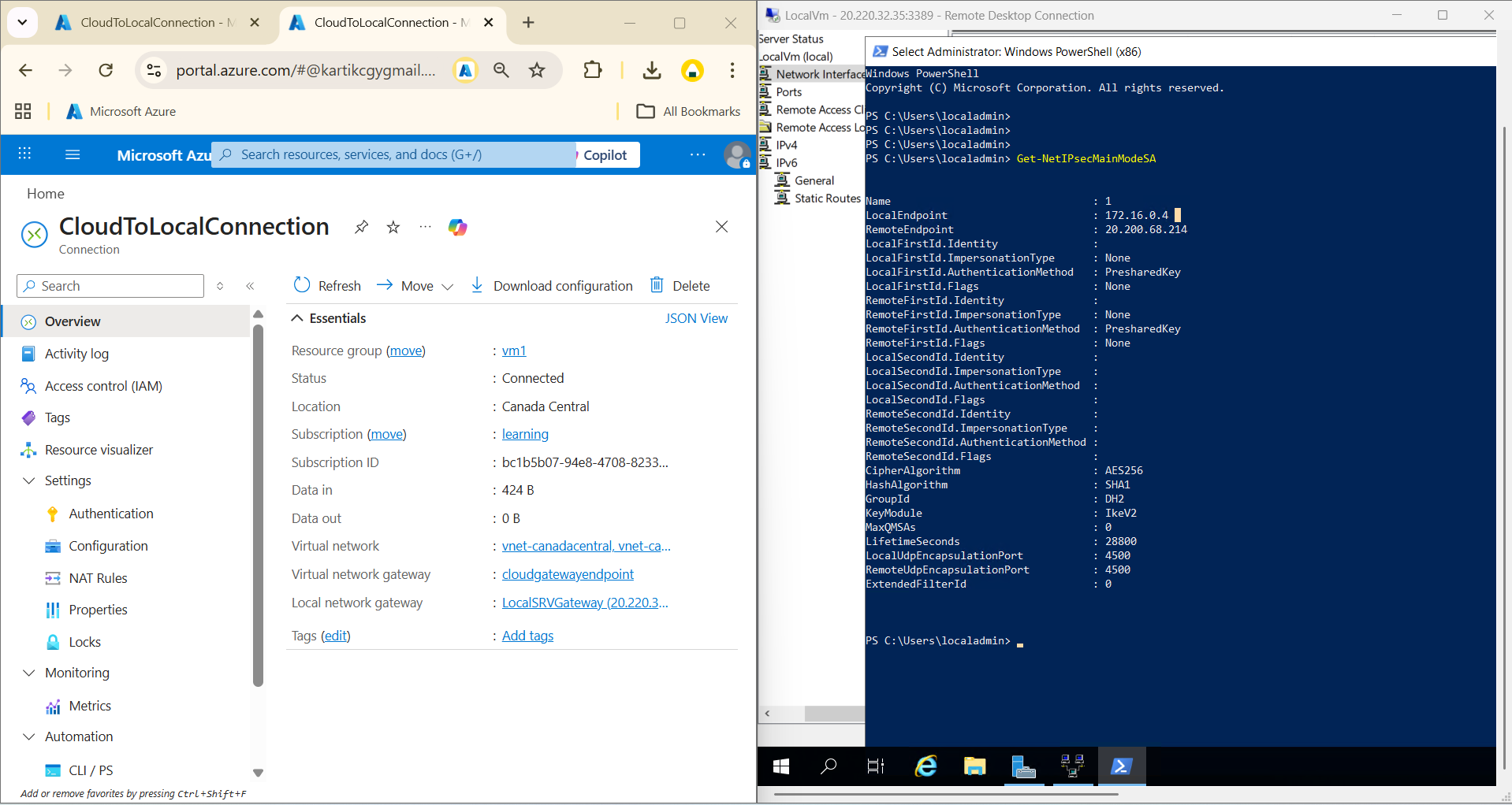 Azure VPN connection overview showing Connected status, next to a PowerShell session showing Get-NetIPsecMainModeSA output with AES256 and IKEv2