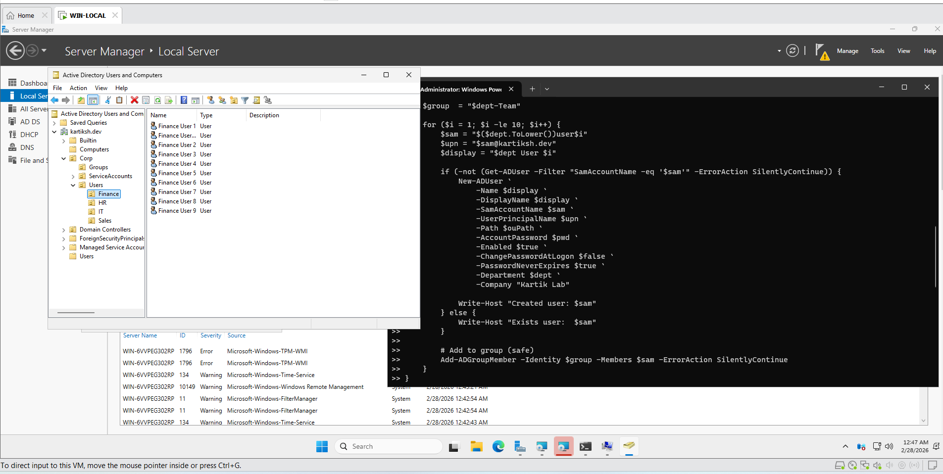 Active Directory Users and Computers showing the Finance OU populated with users, next to a PowerShell script that bulk-provisions department users
