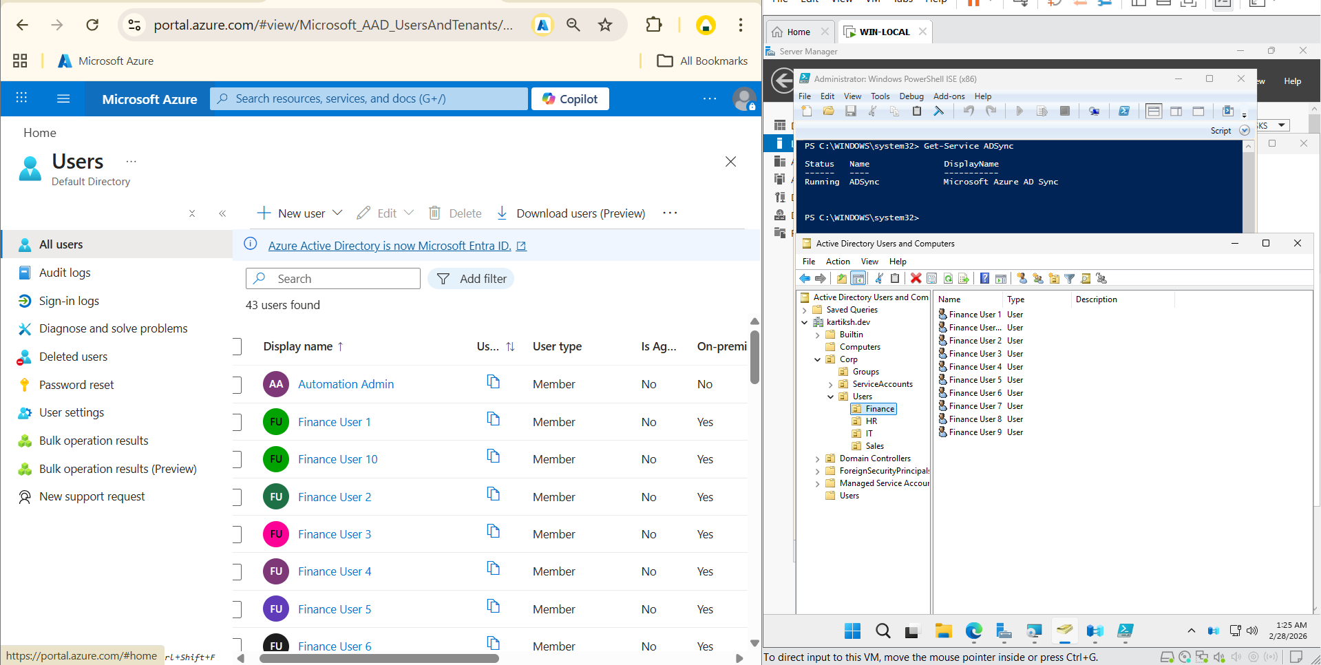 Microsoft Entra ID users list showing synced on-premises Finance User accounts, next to PowerShell confirming the ADSync service is Running