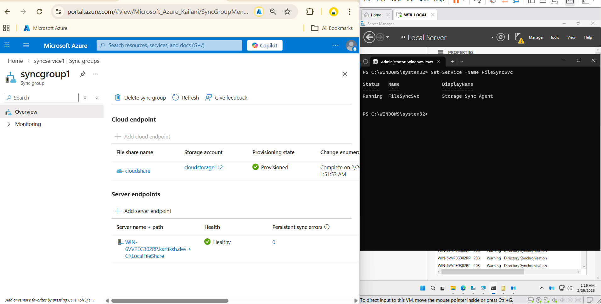 Azure File Sync group showing a healthy cloud endpoint and server endpoint, next to PowerShell confirming the Storage Sync Agent service is Running