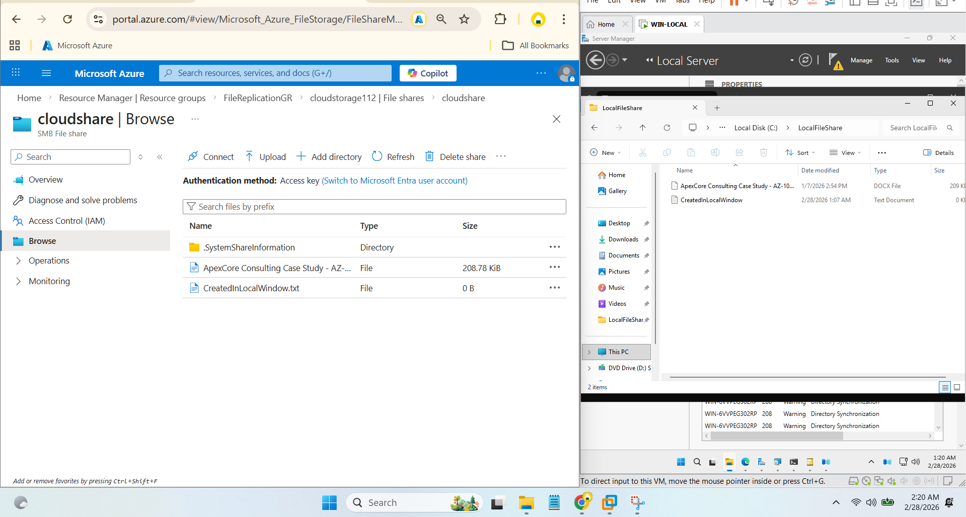 Azure Storage file share Browse view listing the same files as the local File Explorer folder, confirming Azure File Sync replication