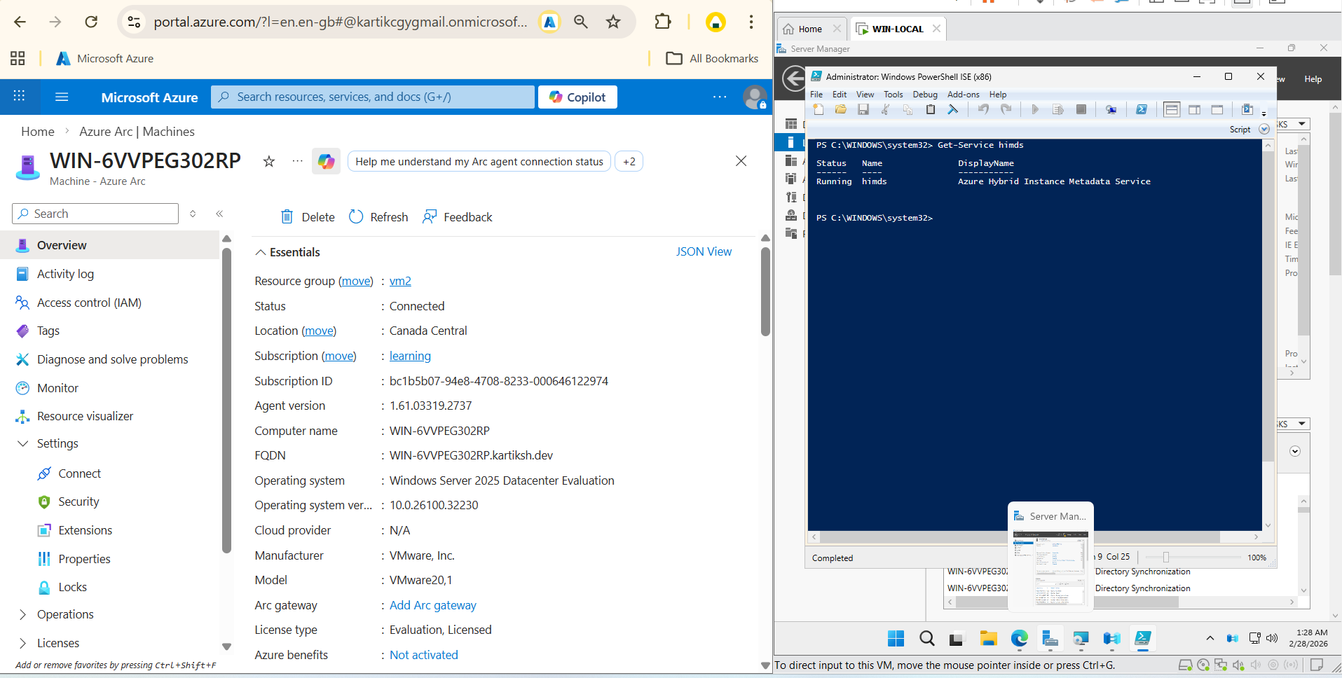 Azure Arc machine overview showing Connected status, next to a PowerShell session confirming the himds service is Running