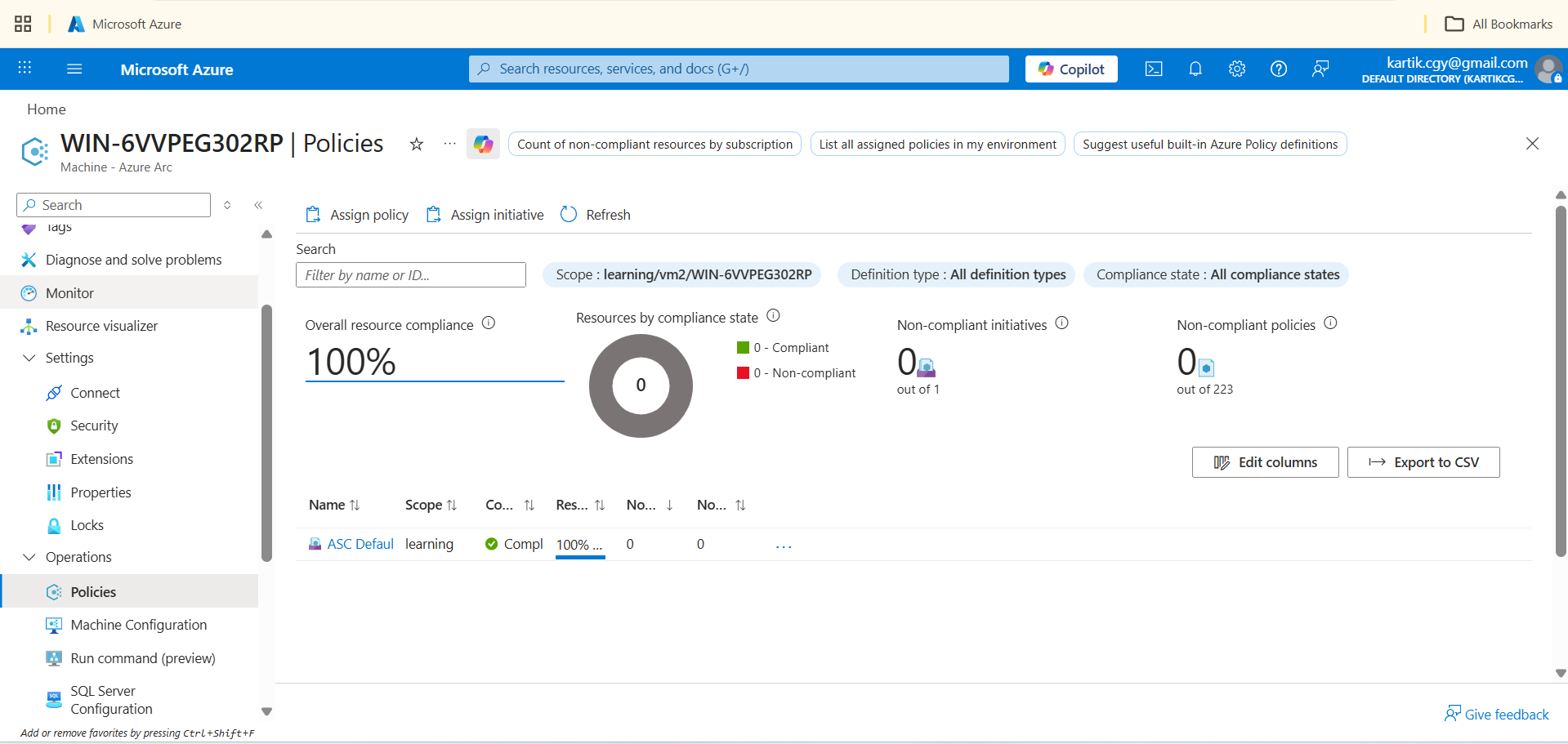 Azure Policy compliance dashboard for the Arc-enabled machine showing 100 percent compliance against the ASC Default initiative